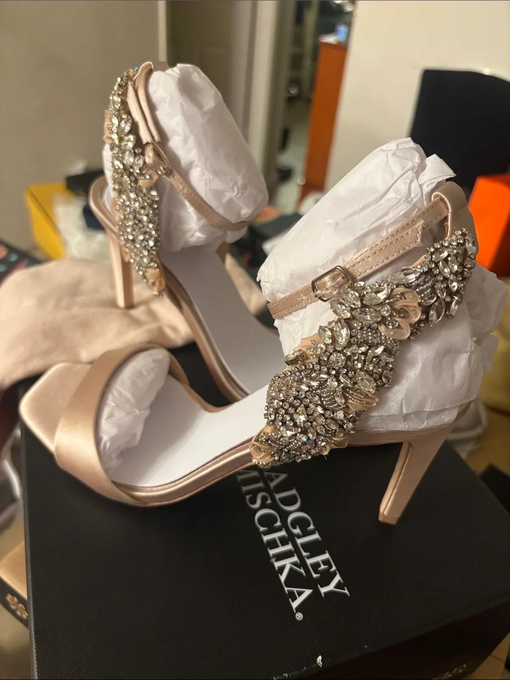 Badgley Mischka Rose Gold Crystal-Embellished Ankle-Strap Heels